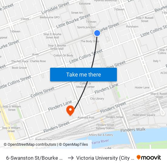 6-Swanston St/Bourke St (Melbourne City) to Victoria University (City Flinders Campus) map