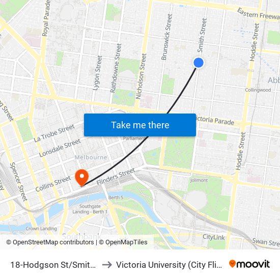 18-Hodgson St/Smith St (Fitzroy) to Victoria University (City Flinders Campus) map