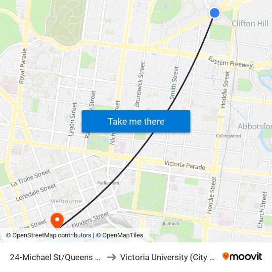 24-Michael St/Queens Pde (Clifton Hill) to Victoria University (City Flinders Campus) map