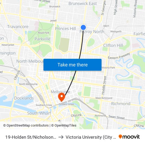 19-Holden St/Nicholson St (Fitzroy North) to Victoria University (City Flinders Campus) map