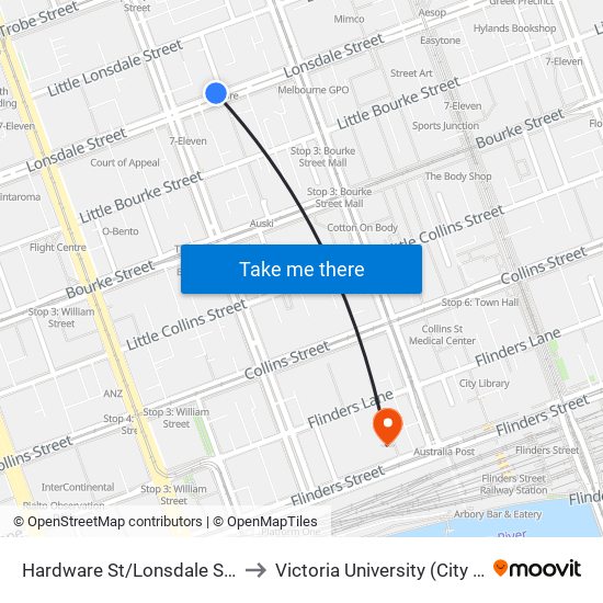 Hardware St/Lonsdale St (Melbourne City) to Victoria University (City Flinders Campus) map