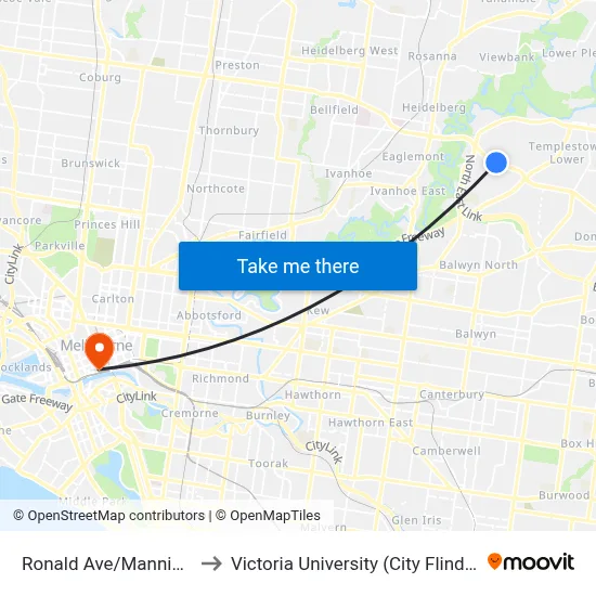 Ronald Ave/Manningham Rd to Victoria University (City Flinders Campus) map