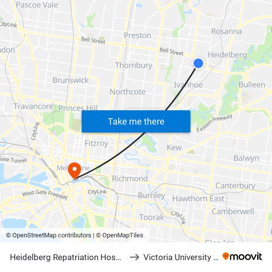 Heidelberg Repatriation Hospital/Edwin St (Heidelberg Heights) to Victoria University (City Flinders Campus) map