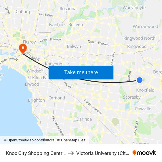 Knox City Shopping Centre/Stud Rd (Wantirna) to Victoria University (City Flinders Campus) map