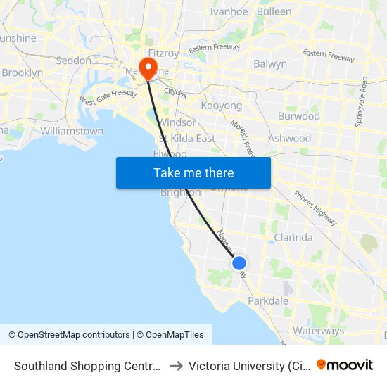 Southland Shopping Centre/Karen St (Cheltenham) to Victoria University (City Flinders Campus) map