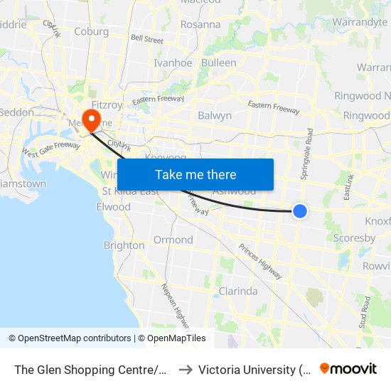 The Glen Shopping Centre/Springvale Rd (Glen Waverley) to Victoria University (City Flinders Campus) map
