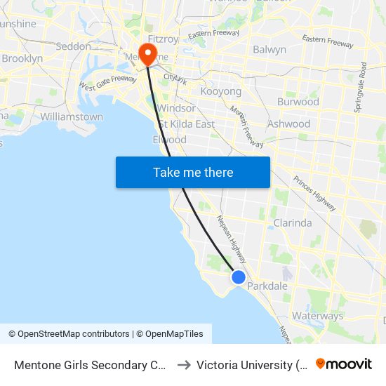 Mentone Girls Secondary College/Charman Rd (Mentone) to Victoria University (City Flinders Campus) map
