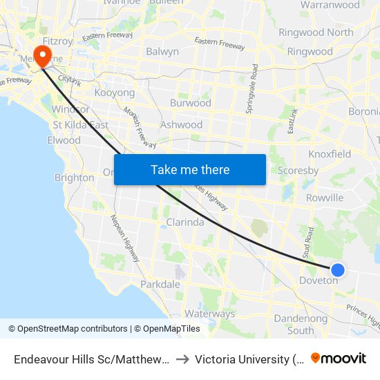 Endeavour Hills Sc/Matthew Flinders Ave (Endeavour Hills) to Victoria University (City Flinders Campus) map