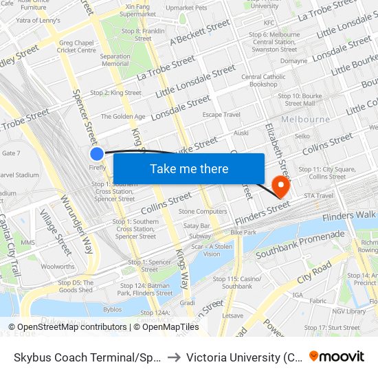 Skybus Coach Terminal/Spencer St (Melbourne City) to Victoria University (City Flinders Campus) map