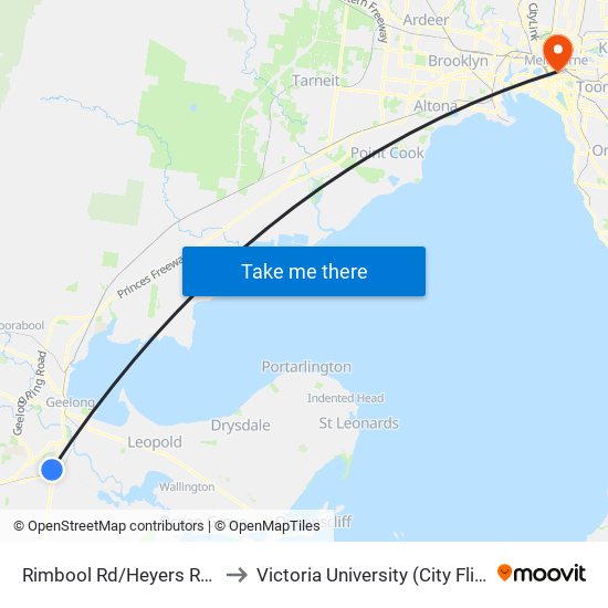 Rimbool Rd/Heyers Rd (Grovedale) to Victoria University (City Flinders Campus) map