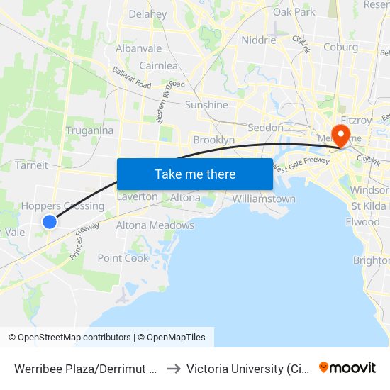 Werribee Plaza/Derrimut Rd (Hoppers Crossing) to Victoria University (City Flinders Campus) map