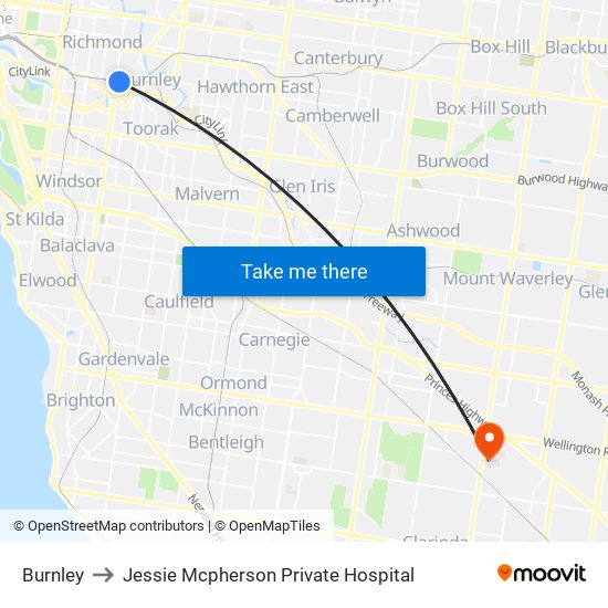 Burnley to Jessie Mcpherson Private Hospital map