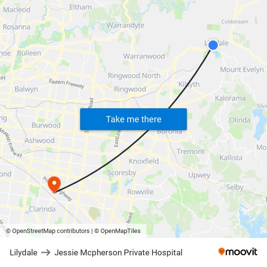 Lilydale to Jessie Mcpherson Private Hospital map