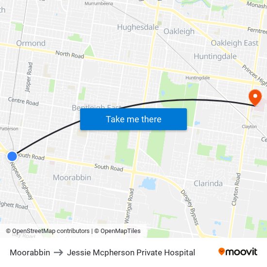 Moorabbin to Jessie Mcpherson Private Hospital map