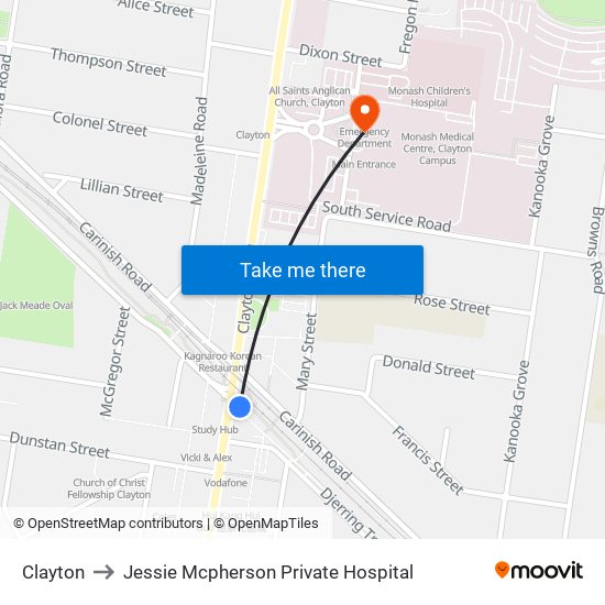 Clayton to Jessie Mcpherson Private Hospital map