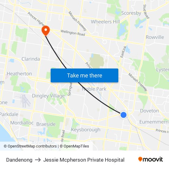 Dandenong to Jessie Mcpherson Private Hospital map