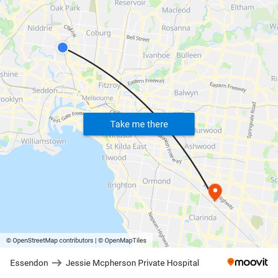 Essendon to Jessie Mcpherson Private Hospital map