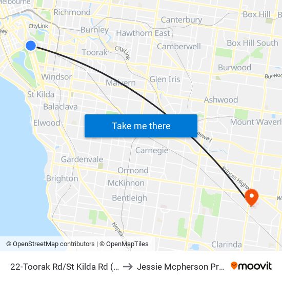 22-Toorak Rd/St Kilda Rd (Melbourne City) to Jessie Mcpherson Private Hospital map