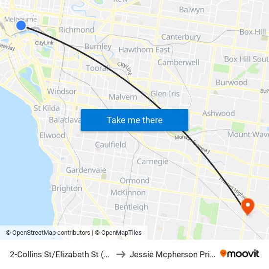 2-Collins St/Elizabeth St (Melbourne City) to Jessie Mcpherson Private Hospital map