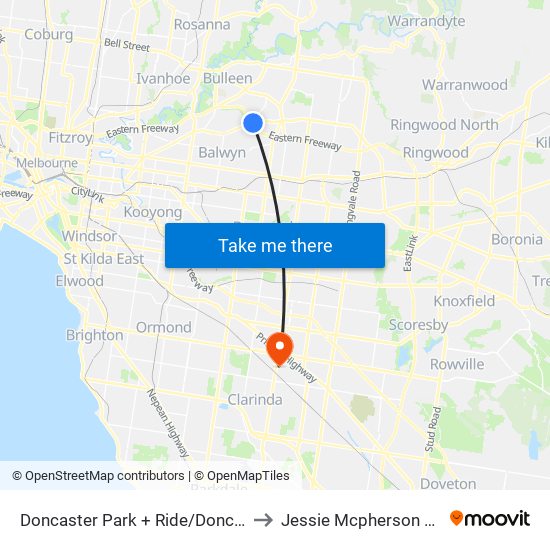 Doncaster Park + Ride/Doncaster Rd (Doncaster) to Jessie Mcpherson Private Hospital map