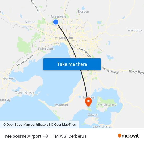 Melbourne Airport to H.M.A.S. Cerberus map