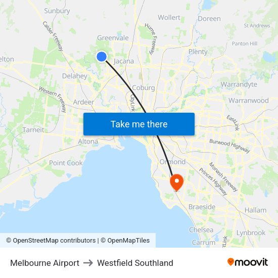 Melbourne Airport to Westfield Southland map