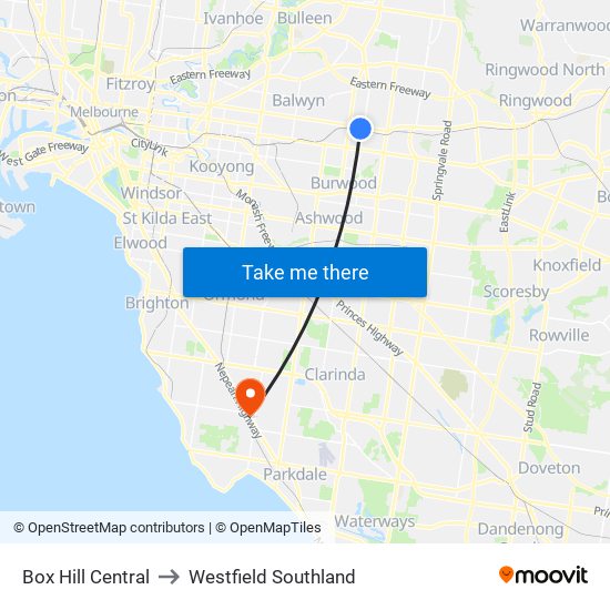 Box Hill Central to Westfield Southland map