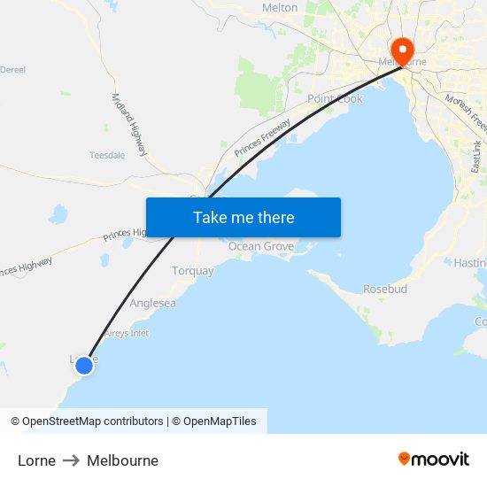 Lorne to Melbourne map