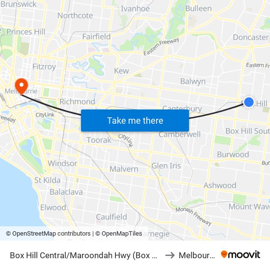 Box Hill Central/Maroondah Hwy (Box Hill) to Melbourne map