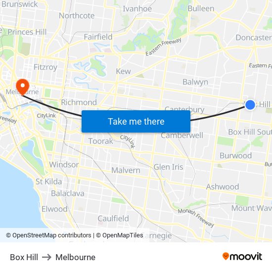 Box Hill to Melbourne map