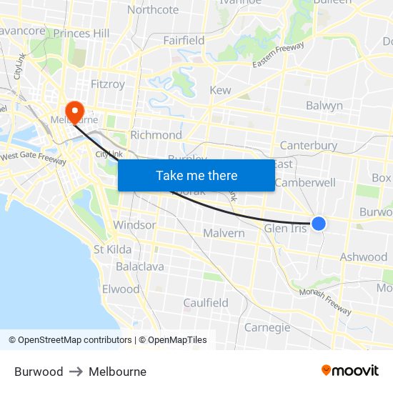 Burwood to Melbourne map