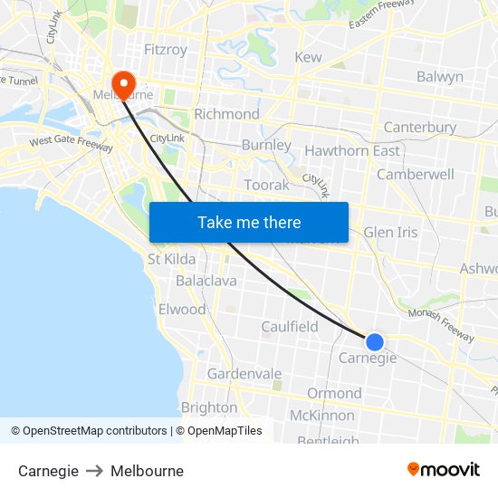 Carnegie to Melbourne map