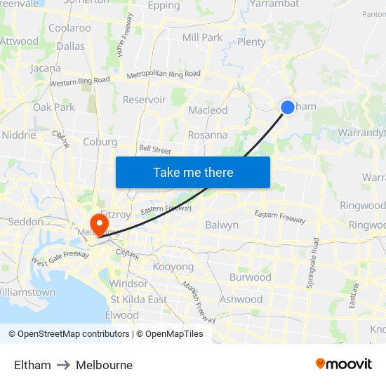 Eltham to Melbourne map