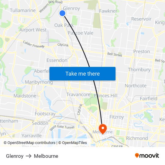 Glenroy to Melbourne map