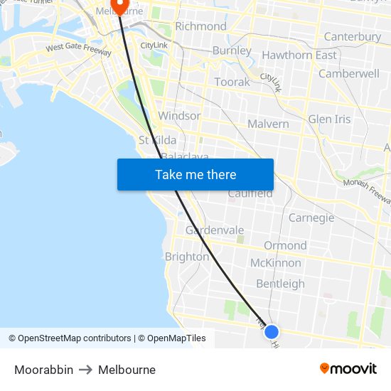 Moorabbin to Melbourne map