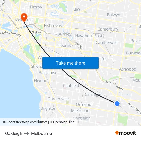 Oakleigh to Melbourne map