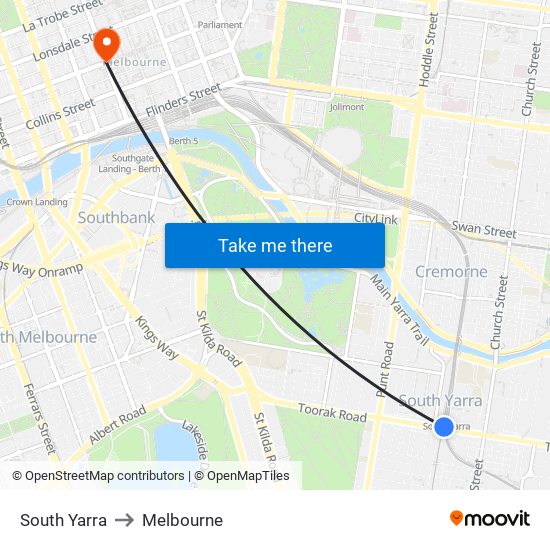 South Yarra to Melbourne map