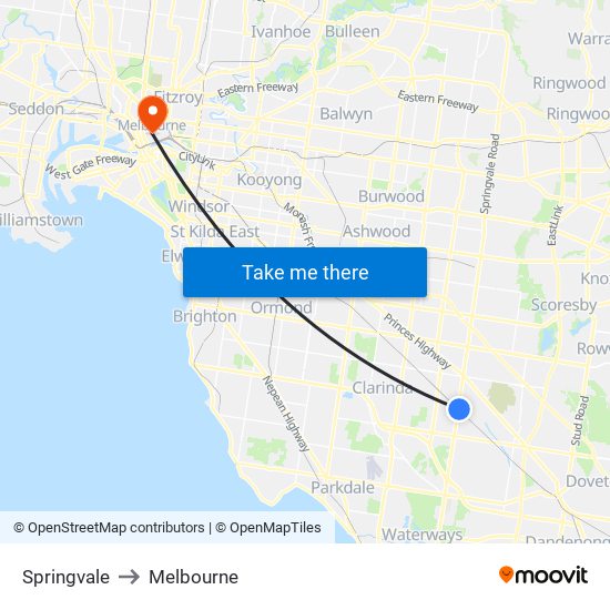 Springvale to Melbourne map