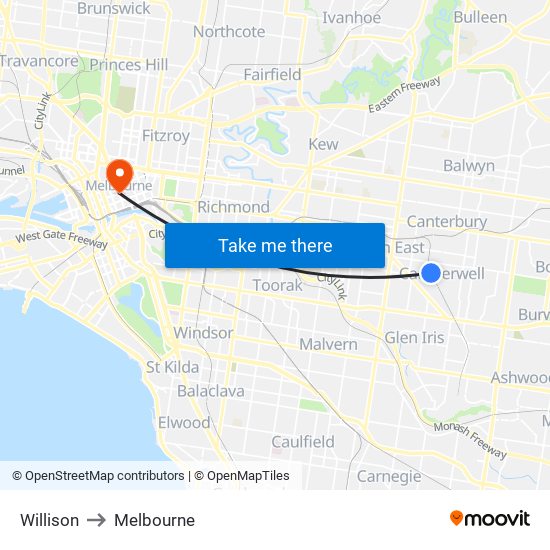 Willison to Melbourne map