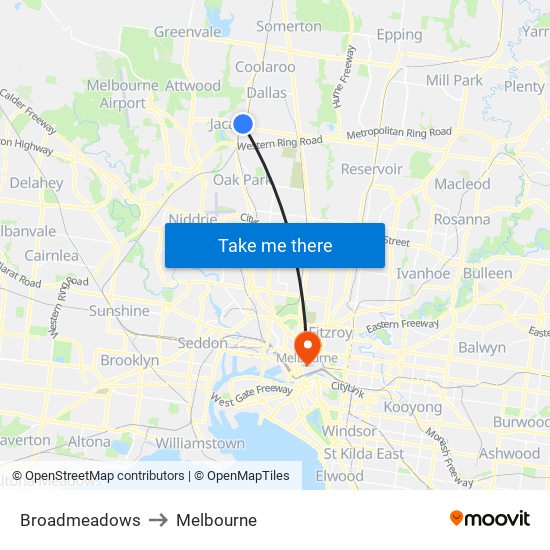 Broadmeadows to Melbourne map