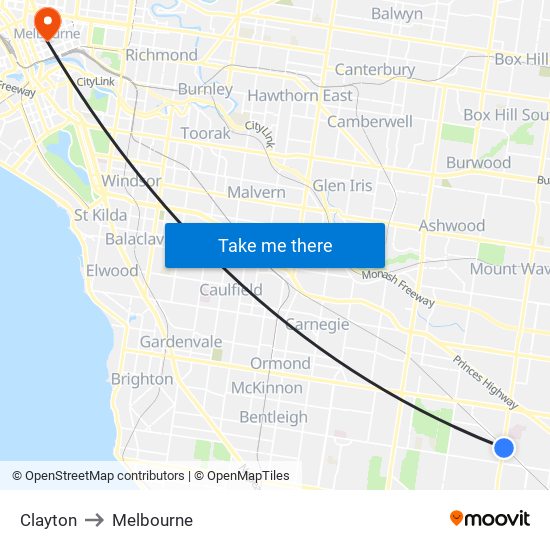 Clayton to Melbourne map