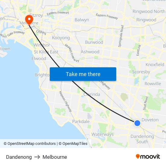 Dandenong to Melbourne map