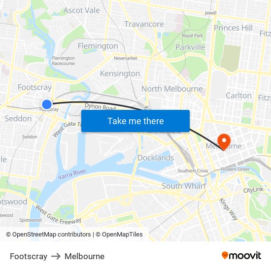 Footscray to Melbourne map