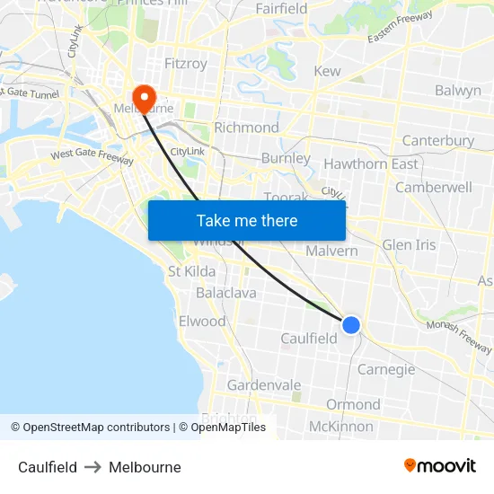 Caulfield to Melbourne map