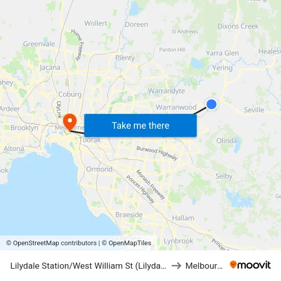 Lilydale Station/West William St to Melbourne map
