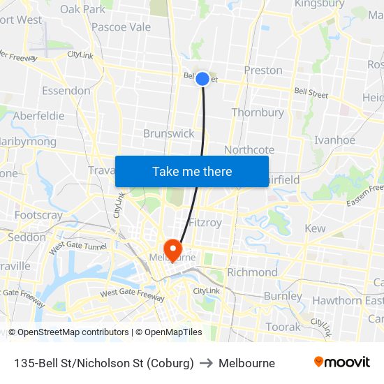 135-Bell St/Nicholson St (Coburg) to Melbourne map