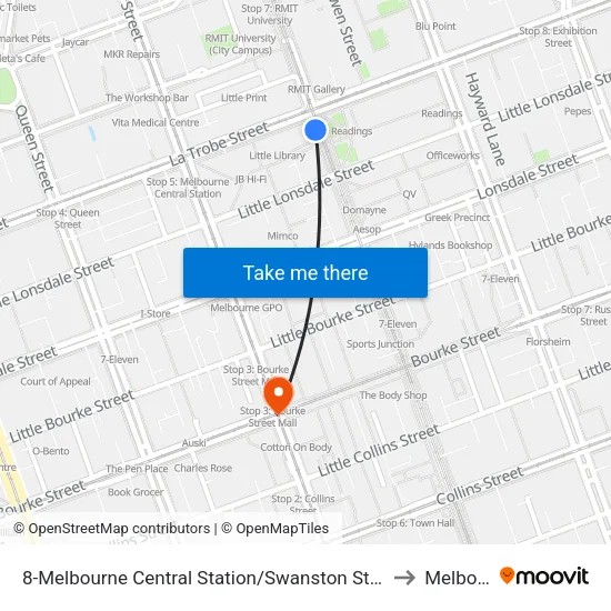 Melbourne Central Station/Swanston St #8 to Melbourne map