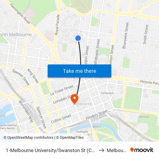 1-Melbourne University/Swanston St (Carlton) to Melbourne map