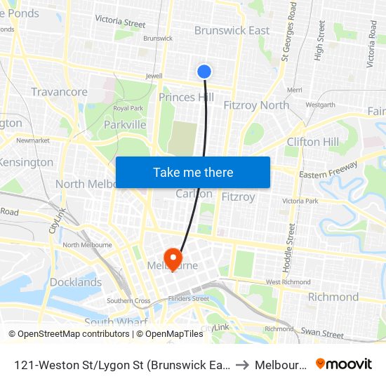 121-Weston St/Lygon St (Brunswick East) to Melbourne map