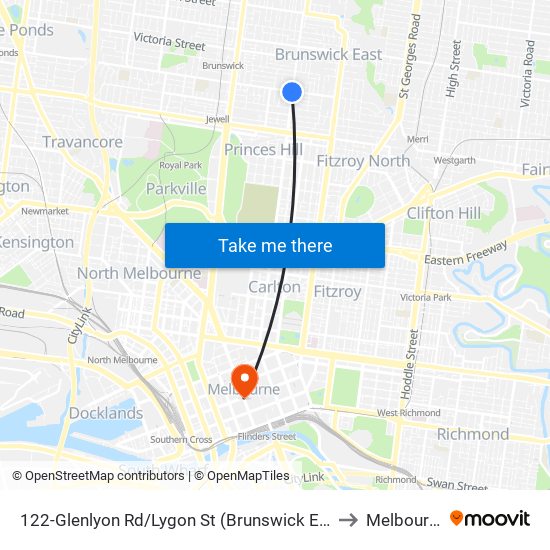 122-Glenlyon Rd/Lygon St (Brunswick East) to Melbourne map